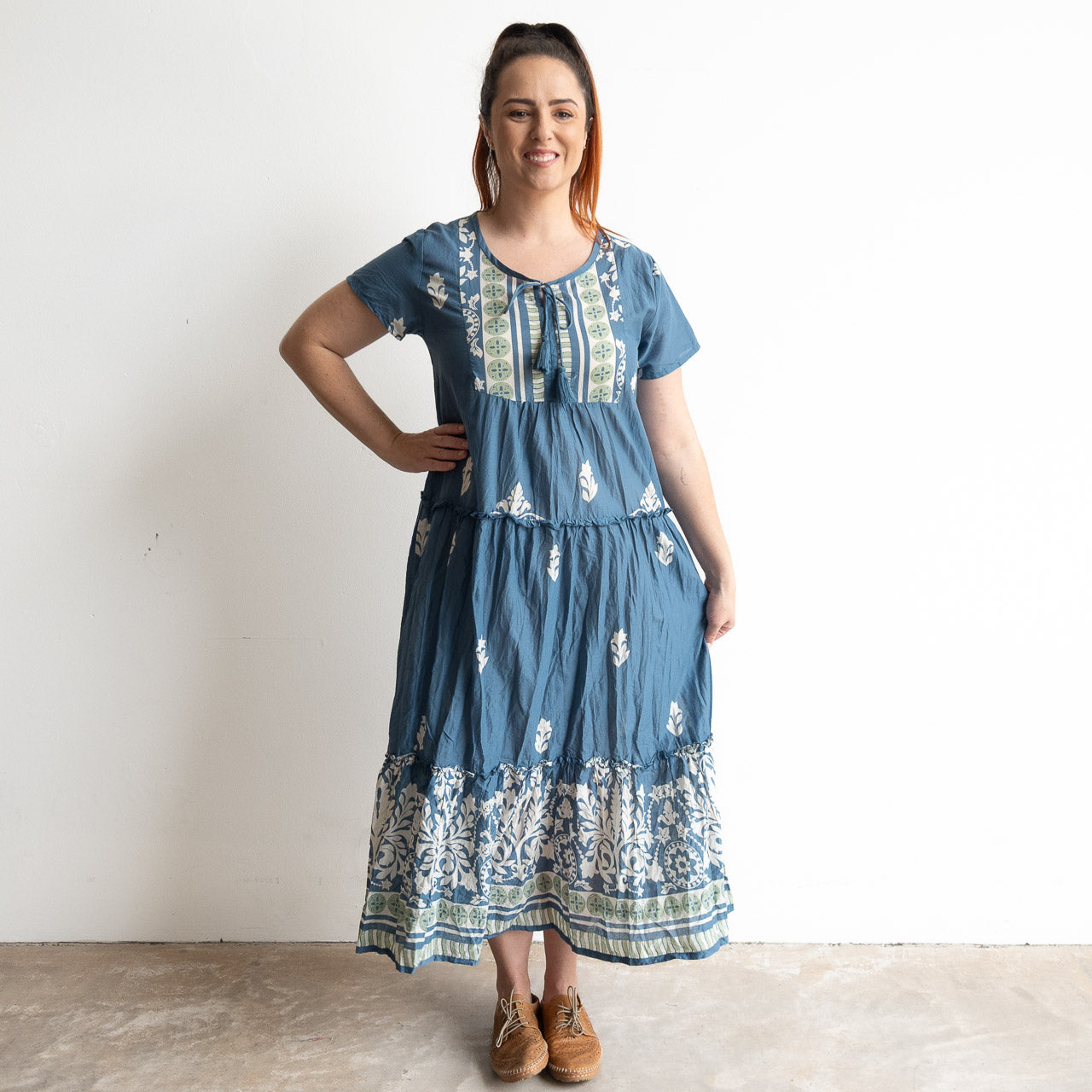 Gathered Cotton Maxi Dress - Ornate Denim  KOBOMO