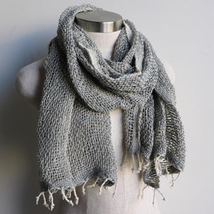 Winter scarf handmade with natural fibre.  Silver + Cream.