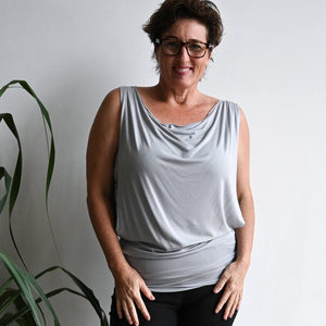 Double layer lux bamboo sleeveless cowl neck dress / top. Tube underlay + loose overlay with cowl neck feature. Easy fit Summer dress / top available in petite > plus size!  Silver.