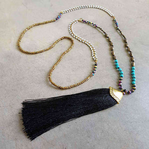 Long tassel pendant handmade glass bead ethnic style necklace. Mocha + blue.  Black