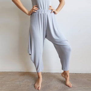 Rayon jersey fabric harem pant. Ethical + handmade onesize genie pant. Silver Grey. 