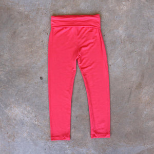 Girls and boys full length legging tights with wide, yoga foldover waistband. Comfy fit and great layer. Sizes to fit newborns, toddlers, kids and tweens up to 10 years old. Ethically handmade with soft, stretch bamboo spandex. Coral Pink