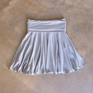 Girls full circle skirt with wide, yoga foldover waistband. Comfy fit and great for ballet class. Sizes to fit newborns, toddlers, kids and tweens up to 10 years old. Ethically handmade with soft, stretch bamboo spandex. Silver Grey