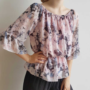 Give Me the Night Blouse Top with Ruffled Chiffon Sleeves in Floral pink.
