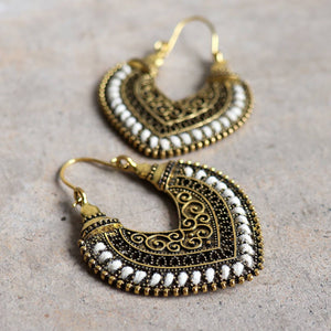 Brass filigree earrings with linen thread colour wrap details. Heart-White.