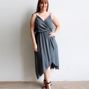 100% cotton spaghetti strap summer boho wrap dress with adjustable ties. Charcoal.