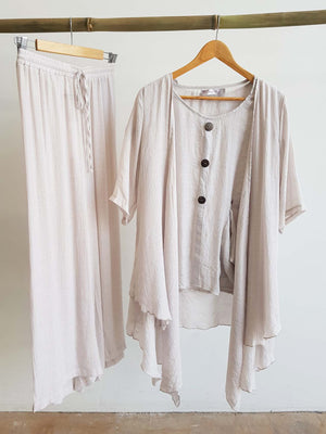 Make It Happen Long Layer Cardigan is a lightweight summer cover-up. Moonshine + Floaty Beach Pants 