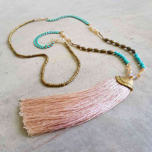 Long tassel pendant handmade glass bead ethnic style necklace. Blush Pink