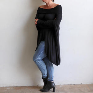 Our Glider Poncho Tee made in bamboo is a cowl neck plus size winter kaftan top. Black. Side view.