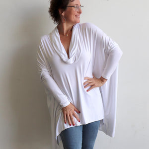 Our Glider Poncho Tee made in bamboo is a cowl neck plus size winter kaftan top. White.