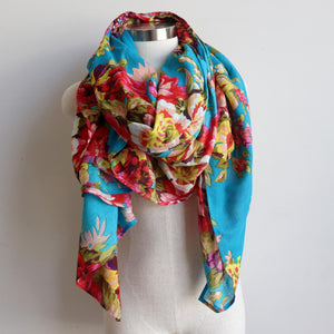 Vintage Floral Scarf is a handmade 100% cotton retro print accessory or sarong wrap. Aqua Blue. 