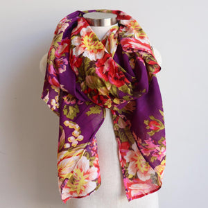 Vintage Floral Scarf is a handmade 100% cotton retro print accessory or sarong wrap. Purple.
