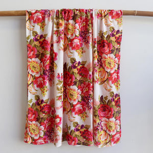 Vintage Floral Scarf is a handmade 100% cotton retro print accessory or sarong wrap. White. Full view.