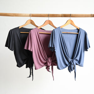 Ballet Wrap Top in Bamboo by KOBOMO - Flutter Sleeve