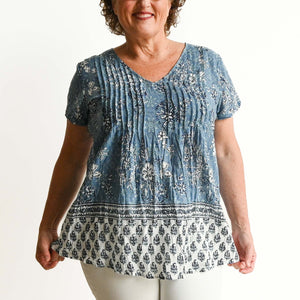 Be The Sunshine Cotton Top - Charcoal Blue Floral