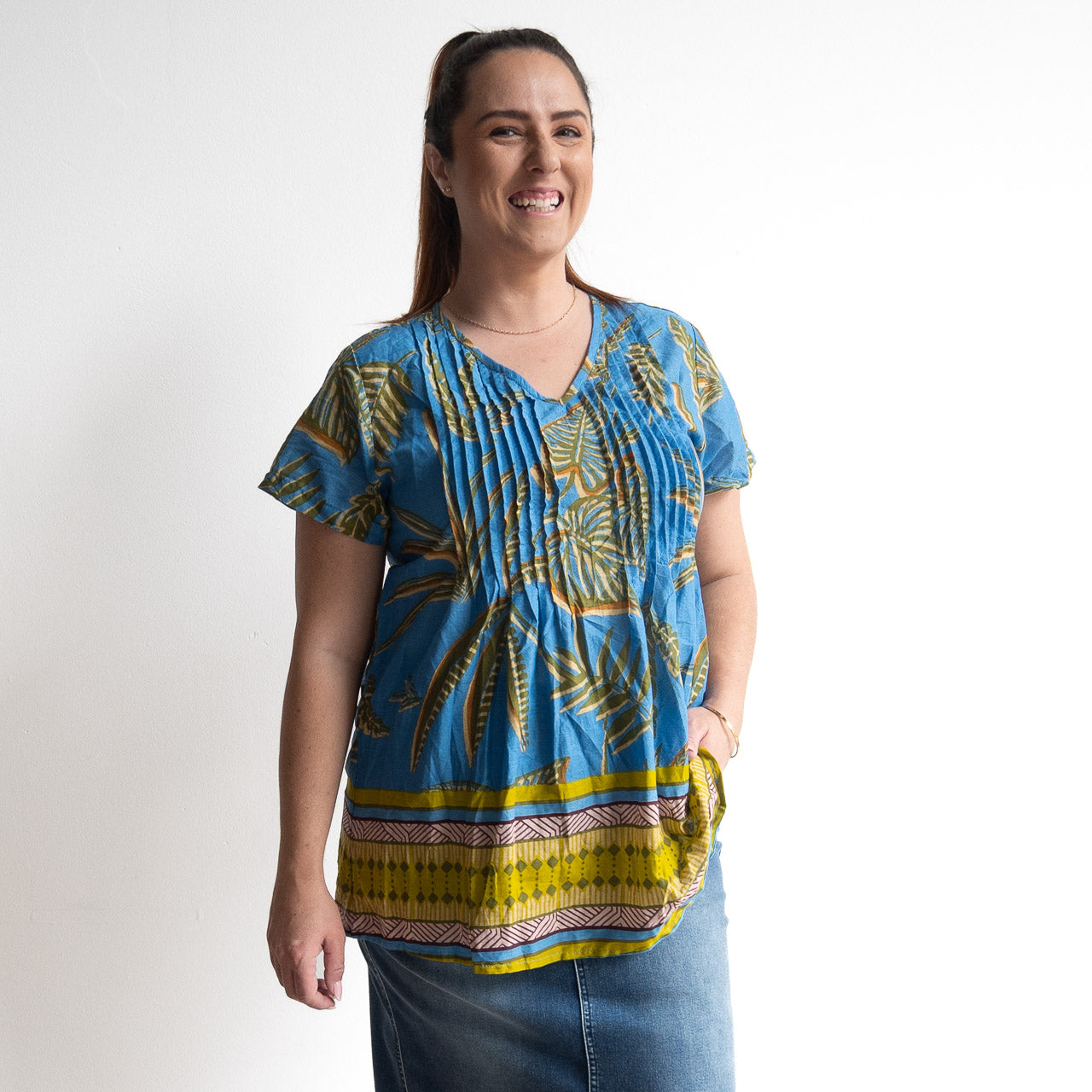 Be The Sunshine Cotton Top - Flora Border Blue
