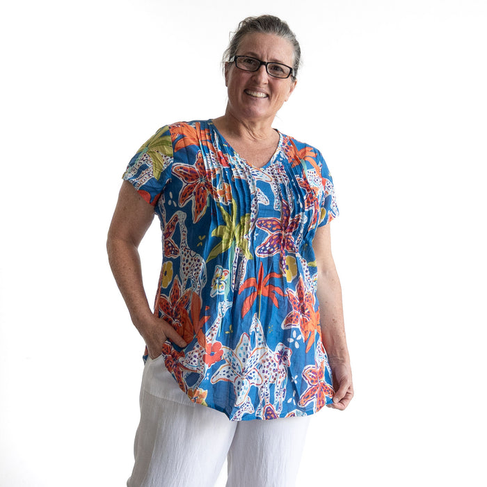 Be The Sunshine Cotton Top - Giraffes Blue