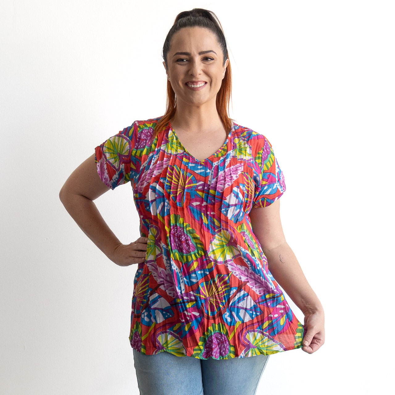 Be The Sunshine Cotton Top- Summer Leaves Pink