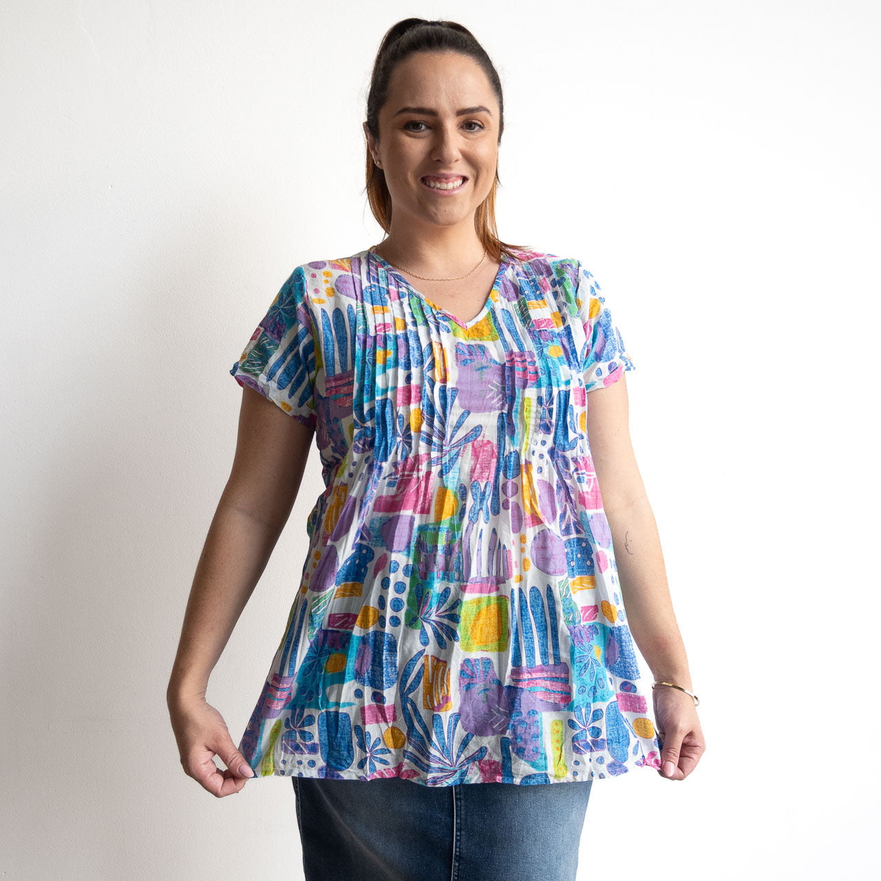 Be The Sunshine Cotton Top - Tropical Blocks Blue