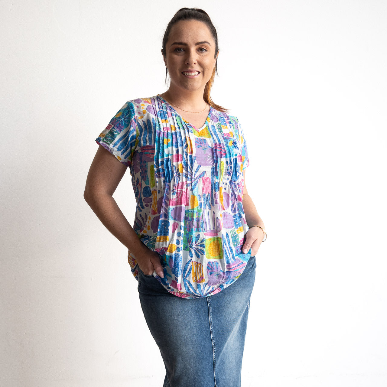 Be The Sunshine Cotton Top - Tropical Blocks Blue