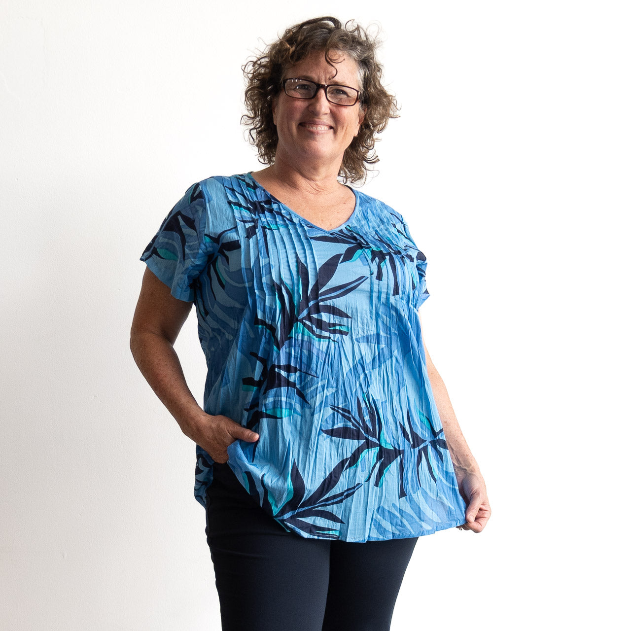 Be The Sunshine Cotton Top - Geo Leaves Blue