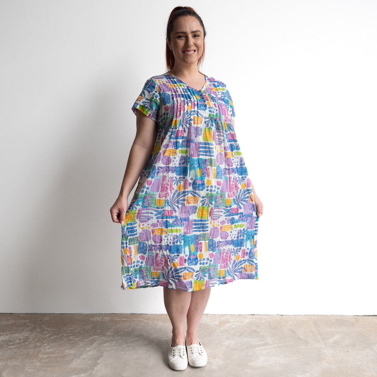 Be The Sunshine Cotton Twist Dress - Tropical Blocks Blue