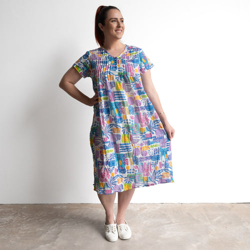 Be The Sunshine Cotton Twist Dress - Tropical Blocks Blue
