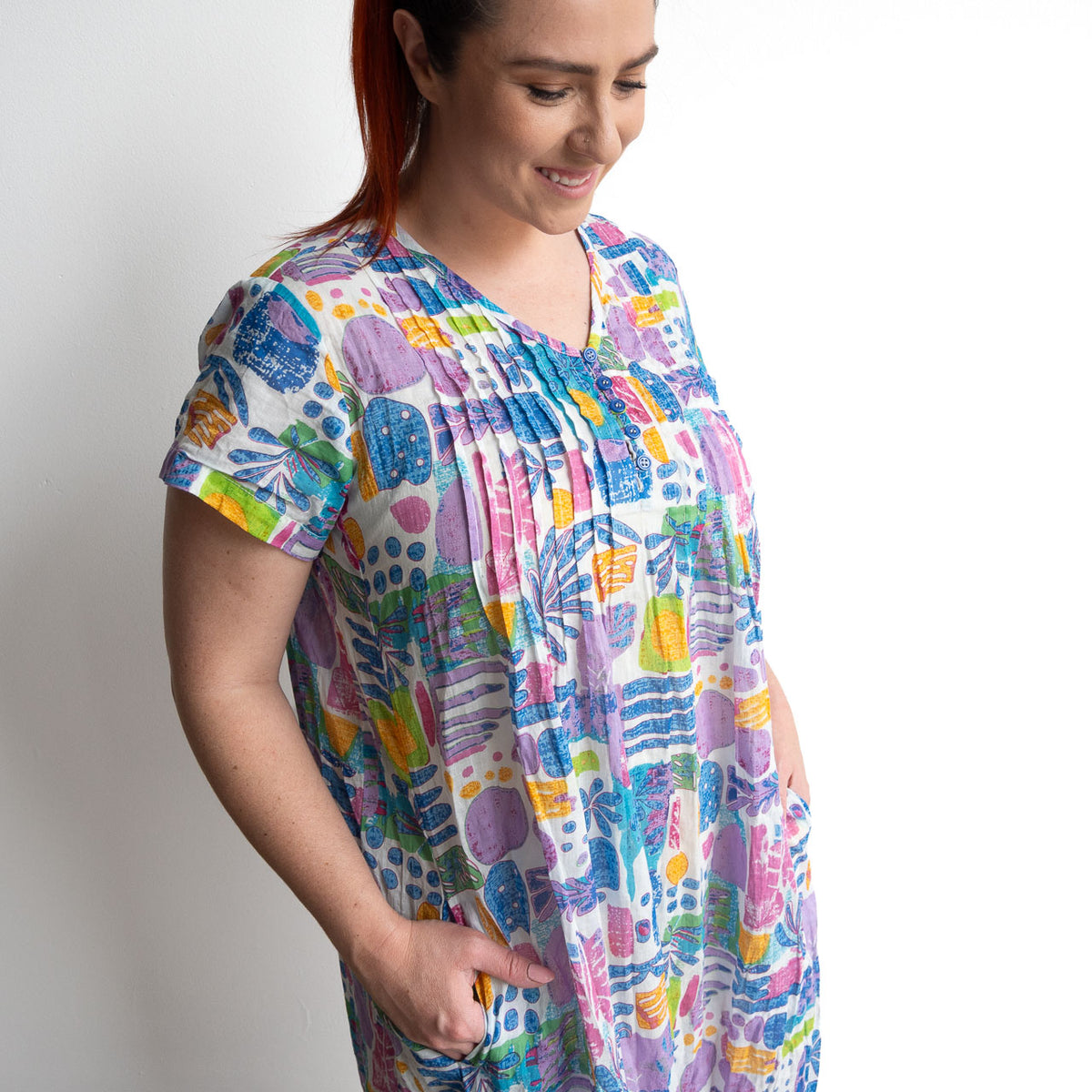 Be The Sunshine Cotton Twist Dress - Tropical Blocks Blue