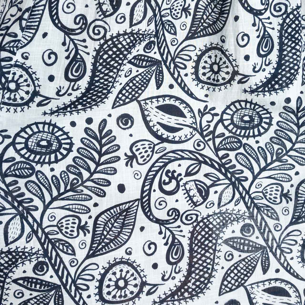 navy and white illustrated botanical print in 100% cotton