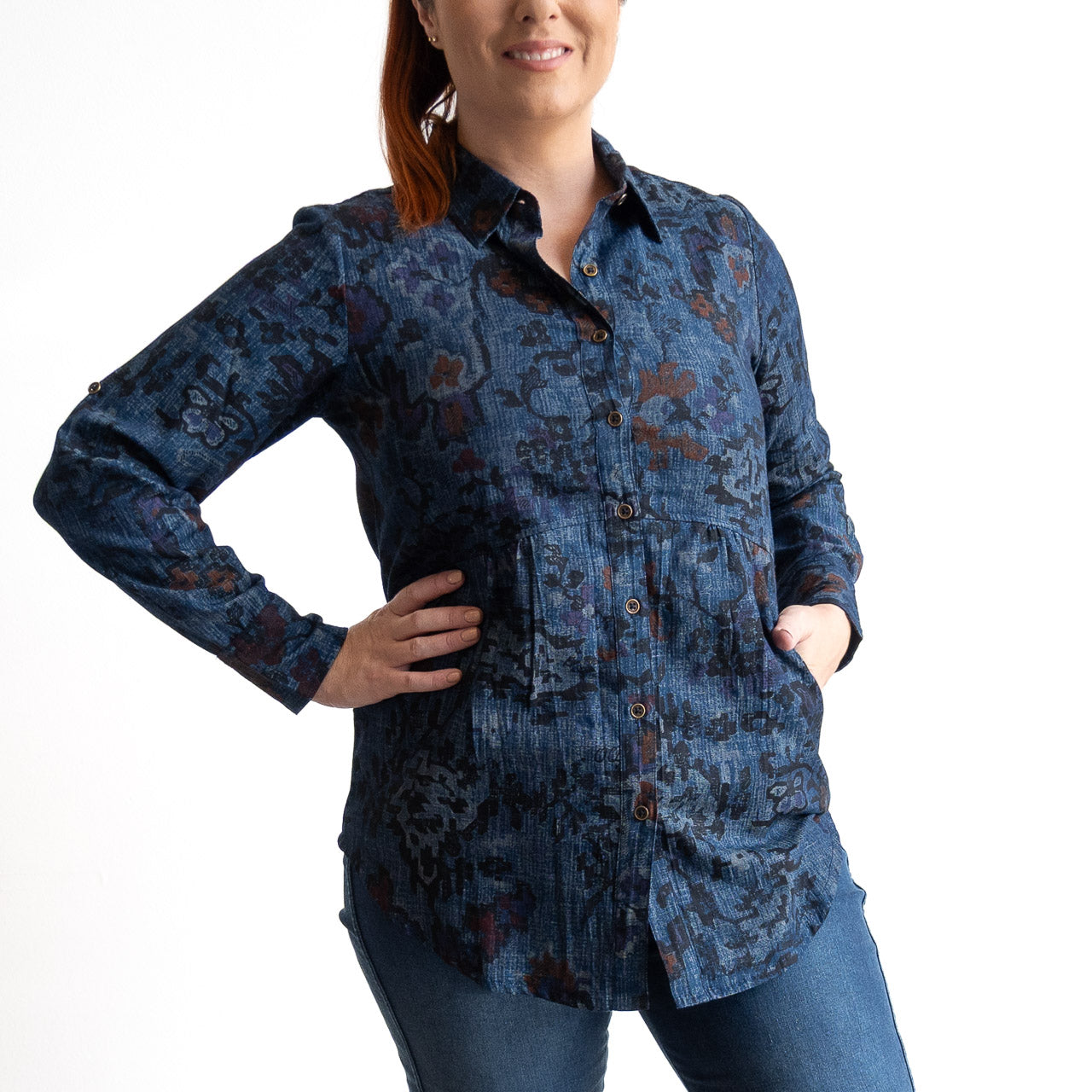 Chambray Pocket Shirt Blouse by Orientique - Tabriz - 23117