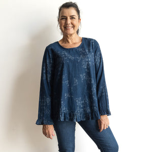 Chambray Ruffle Blouse by Orientique Australia - Dancing Queen - 23059