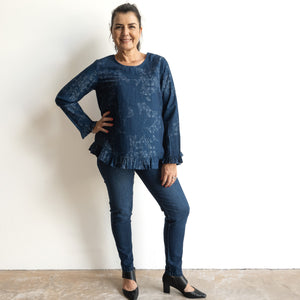 Chambray Ruffle Blouse by Orientique Australia - Dancing Queen - 23059