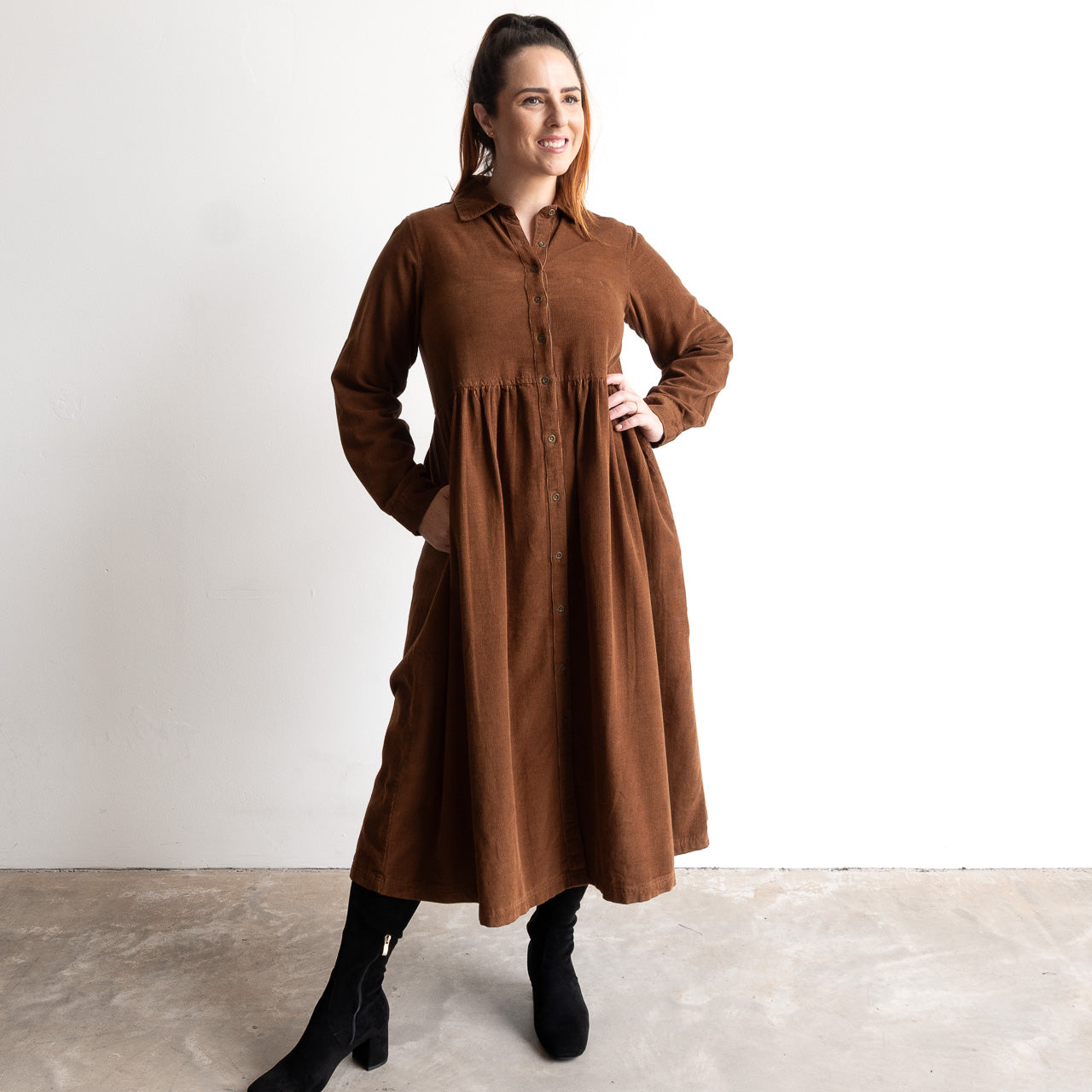 cord midi shirt dress Cotton Corduroy Midi Shirt Dress by Orientique