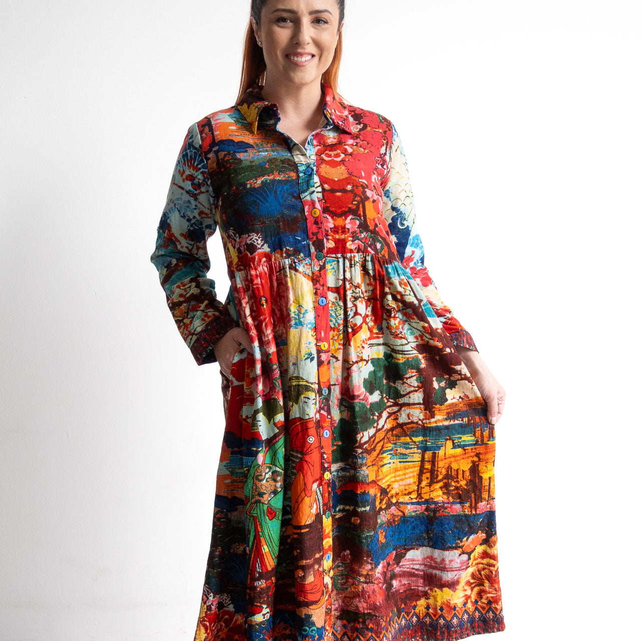 Cotton Corduroy Midi Shirt Dress by Orientique - Nippori - 61774