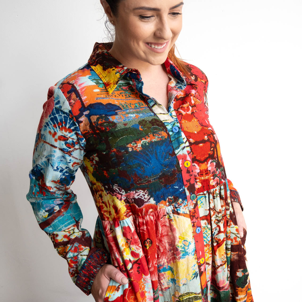 Cotton Corduroy Midi Shirt Dress by Orientique - Nippori - 61774