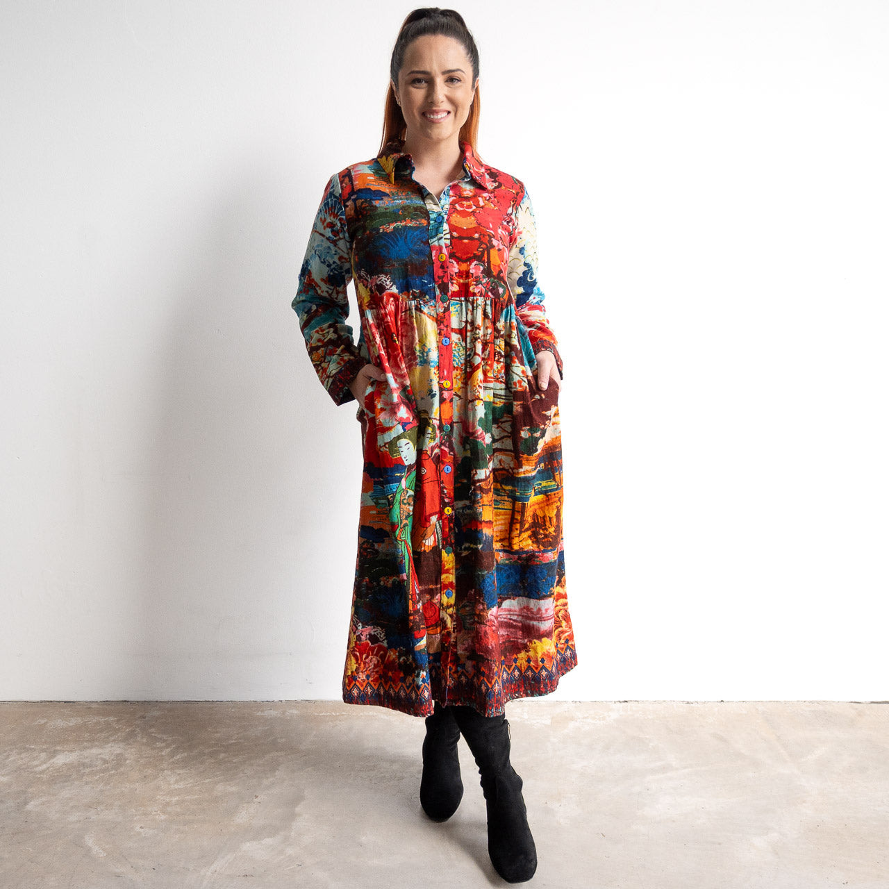 Cotton Corduroy Midi Shirt Dress by Orientique - Nippori - 61774