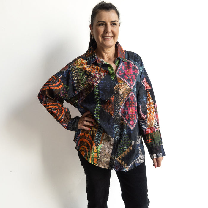 Cotton Corduroy Oversize Shirt Blouse by Orientique Australia - Mosaic - 72535