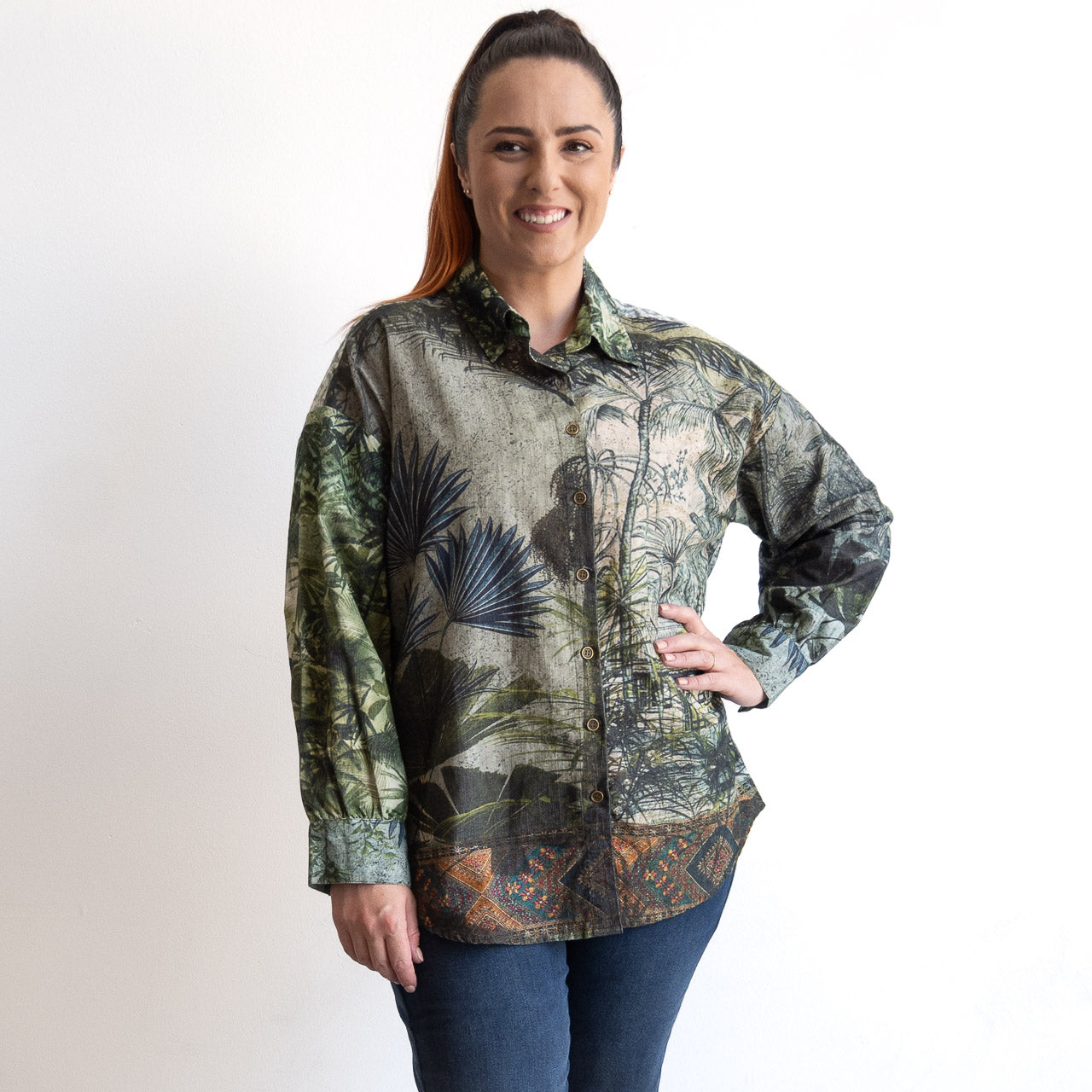 Cotton Corduroy Shirt Blouse by Orientique - Tropical Jungle - 72569