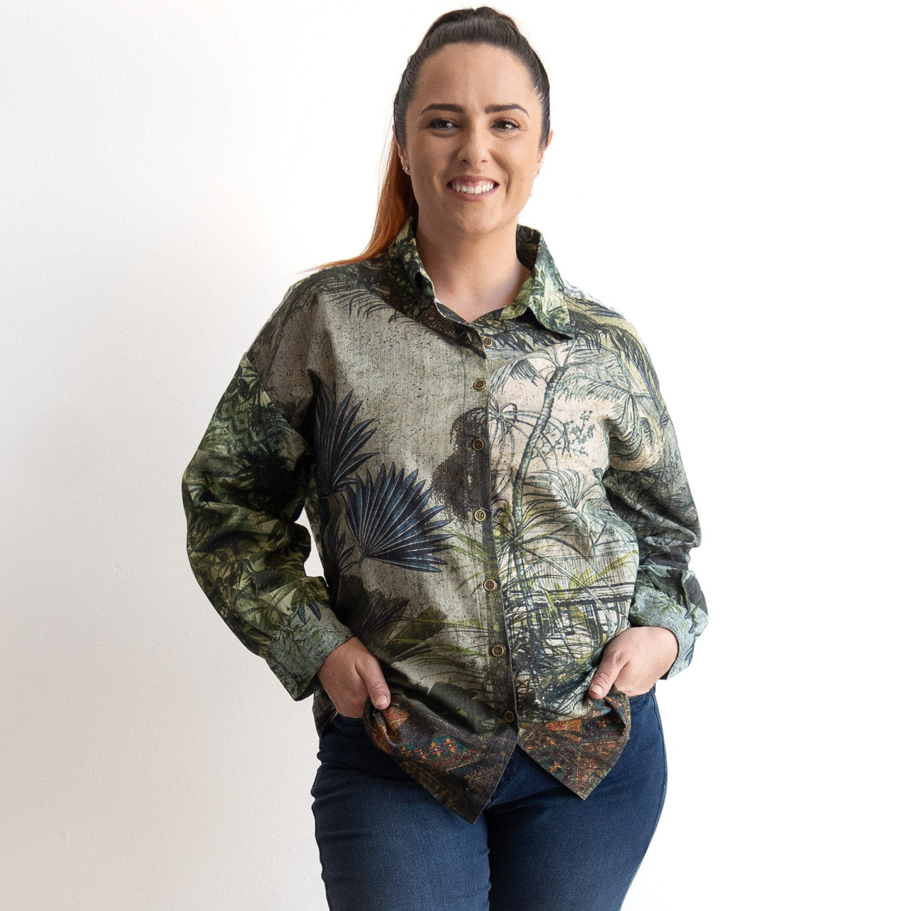 Cotton Corduroy Shirt Blouse by Orientique - Tropical Jungle - 72569