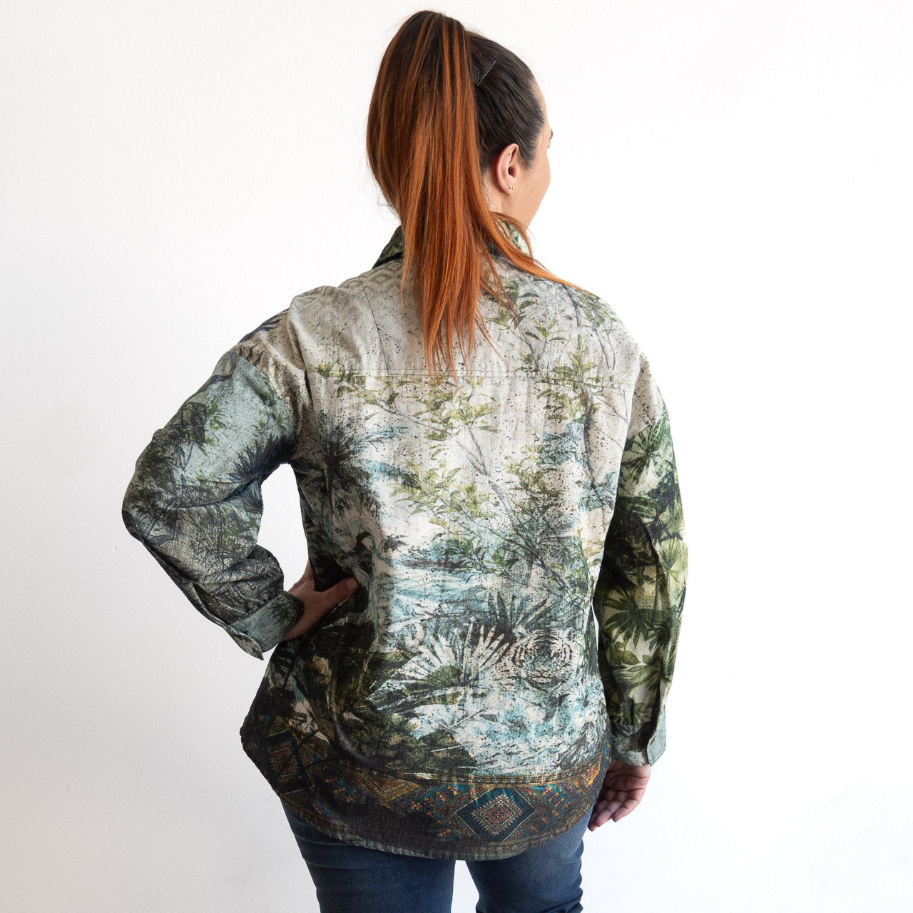 Cotton Corduroy Shirt Blouse by Orientique - Tropical Jungle - 72569
