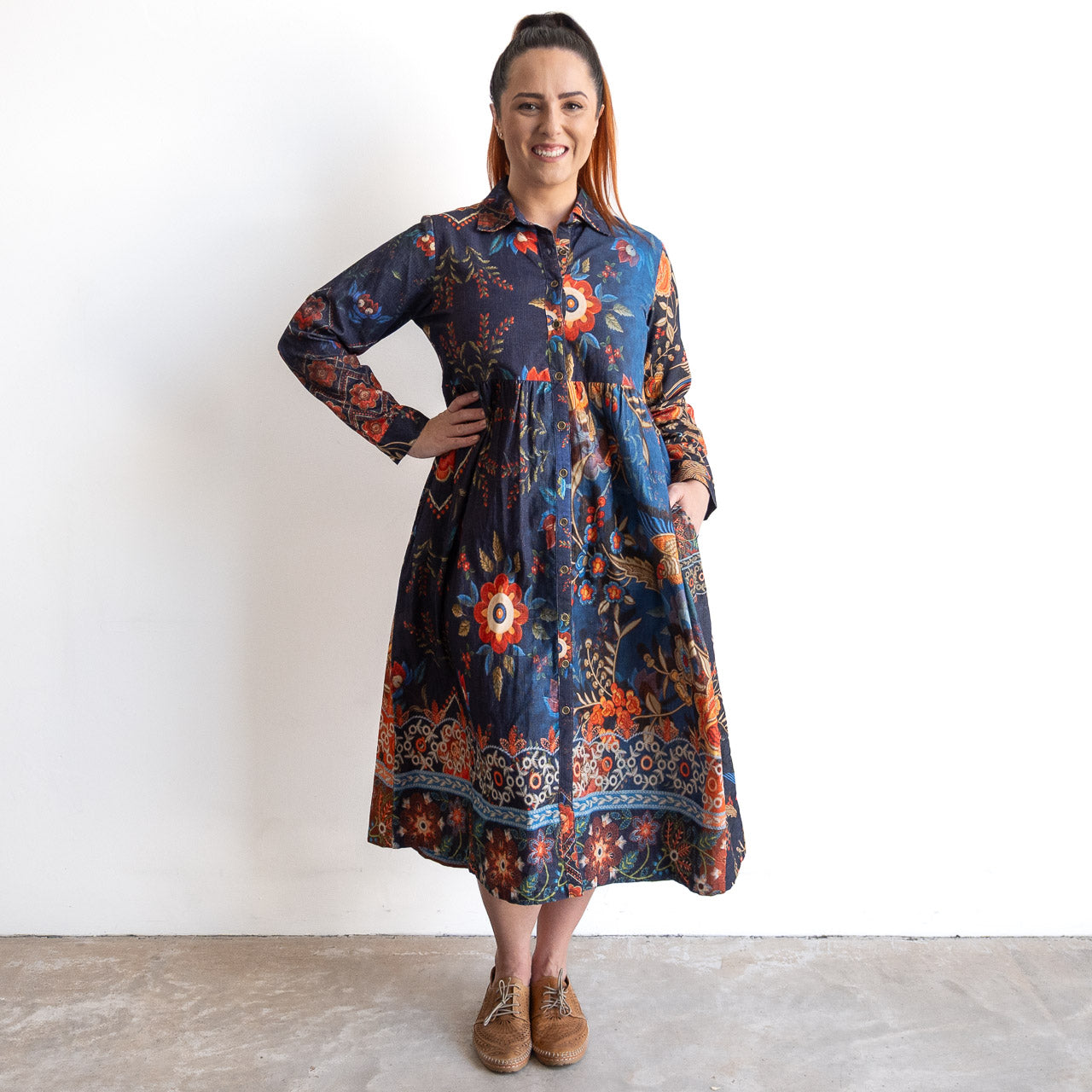Cotton Corduroy Shirt Dress by Orientique - Embroidery - 71605