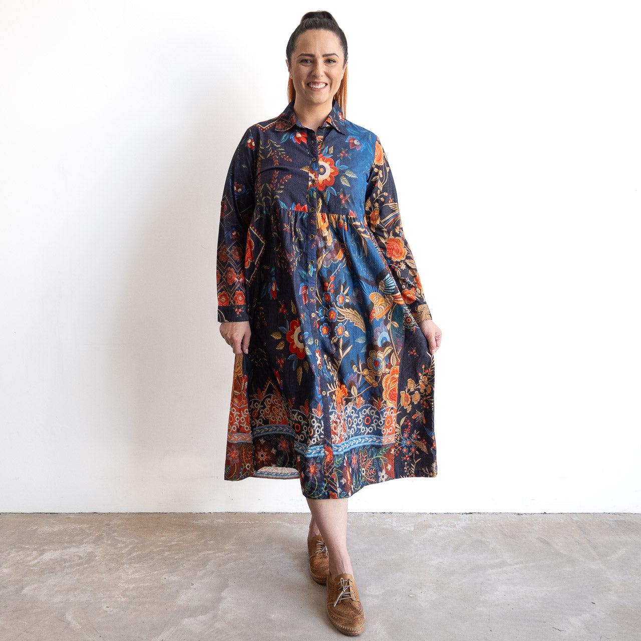 Cotton Corduroy Shirt Dress by Orientique - Embroidery - 71605