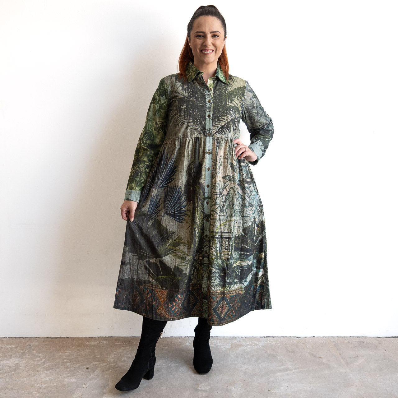 Cotton Corduroy Shirt Dress by Orientique - Tropical Jungle - 71605