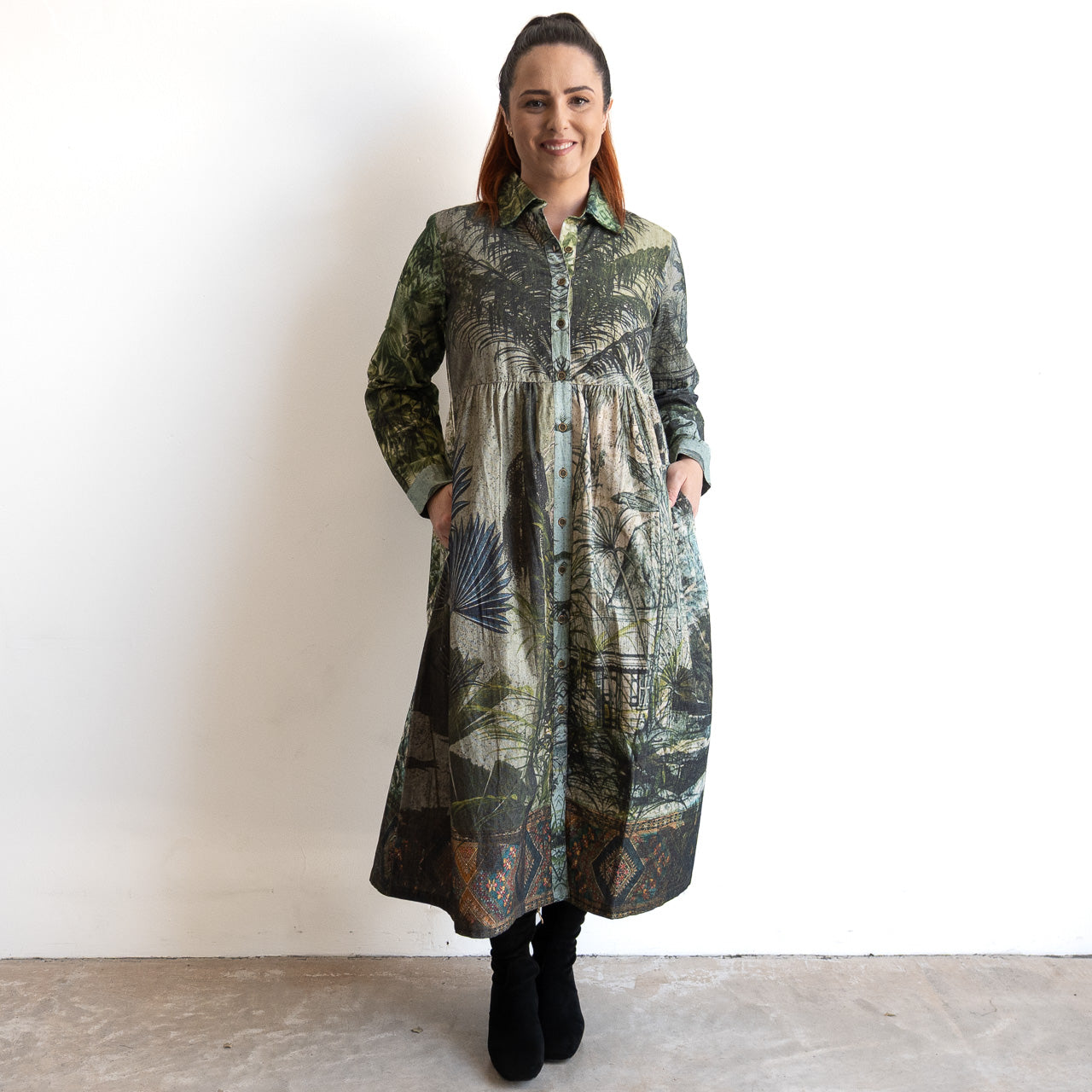 Cotton Corduroy Shirt Dress by Orientique - Tropical Jungle - 71605
