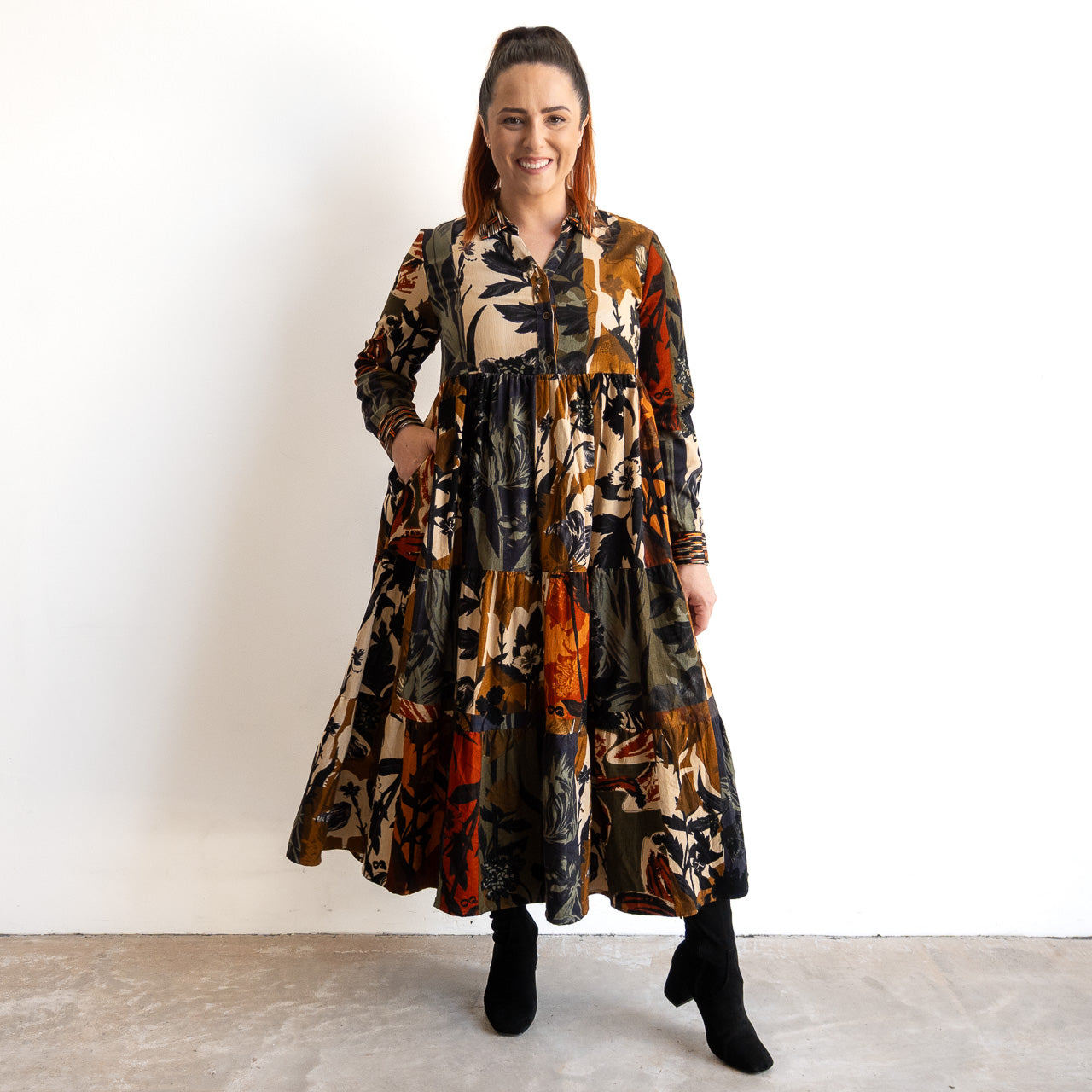 Cotton Corduroy Tiered Midi Dress by Orientique - Dagomba - 31043