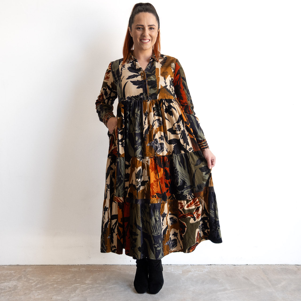 Cotton Corduroy Tiered Midi Dress by Orientique - Dagomba - 31043