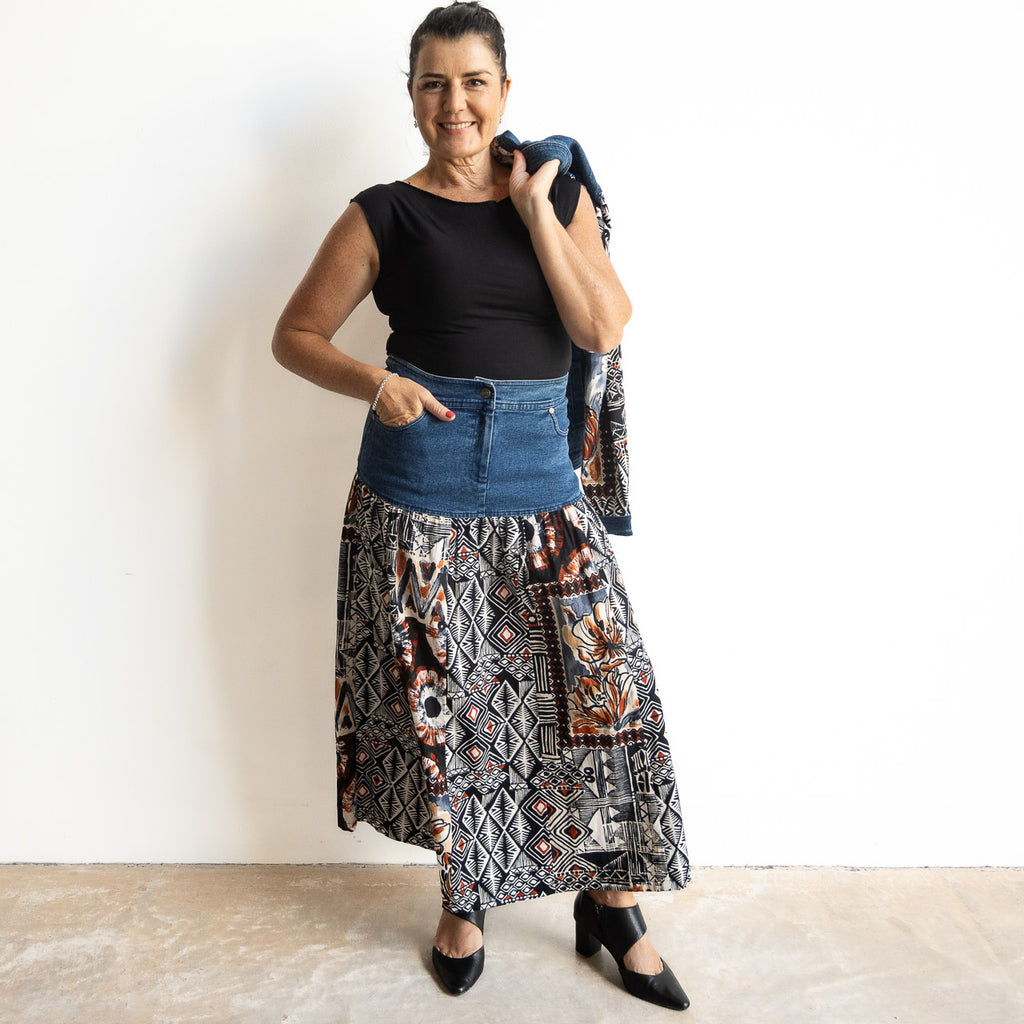 Cotton Corduroy & Denim Maxi Skirt by Orientique Australia - Makeba - 6556