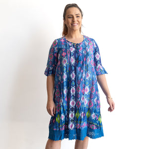 Cotton Lace Hem Tunic Dress - Persian Border Blue