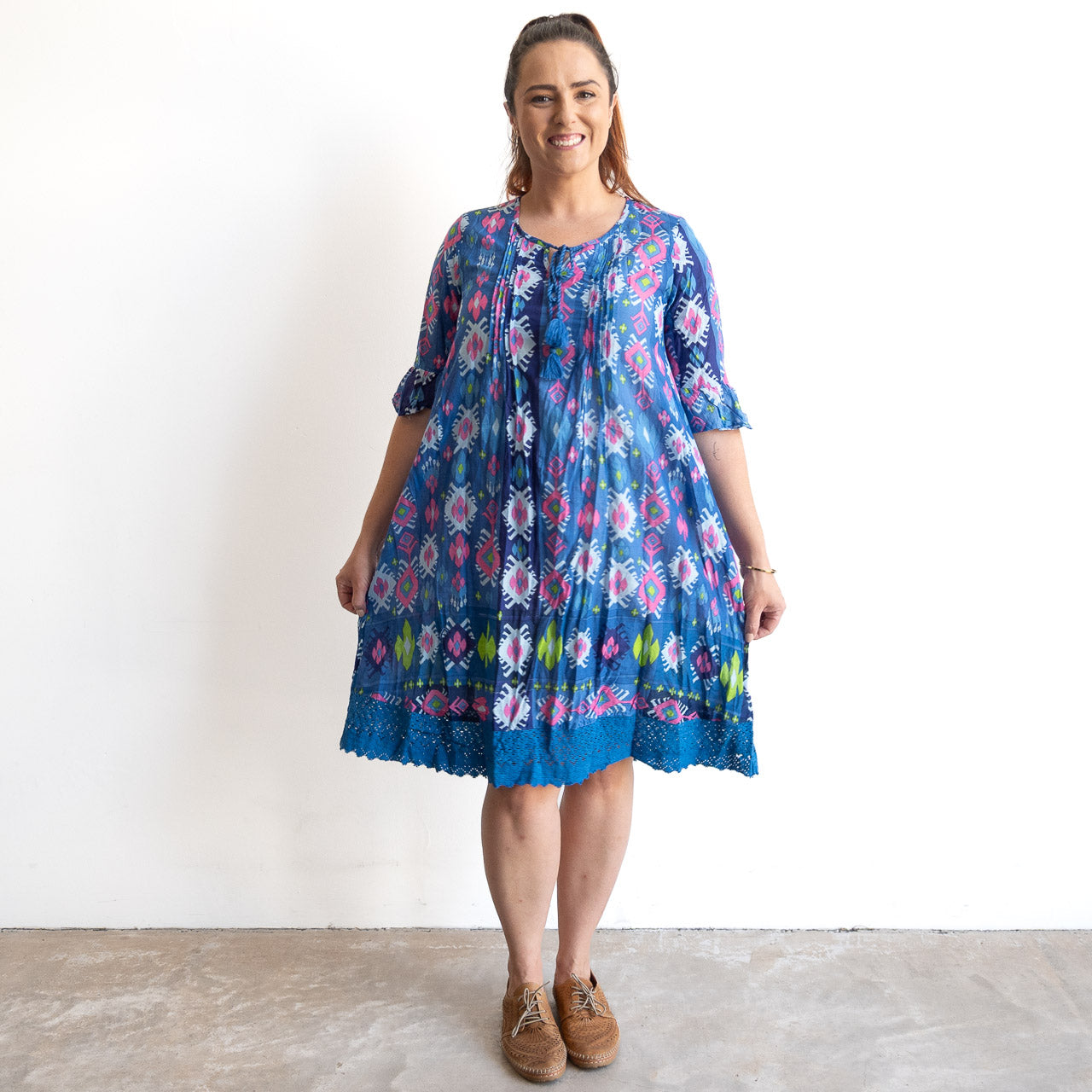 Cotton Lace Hem Tunic Dress - Persian Border Blue