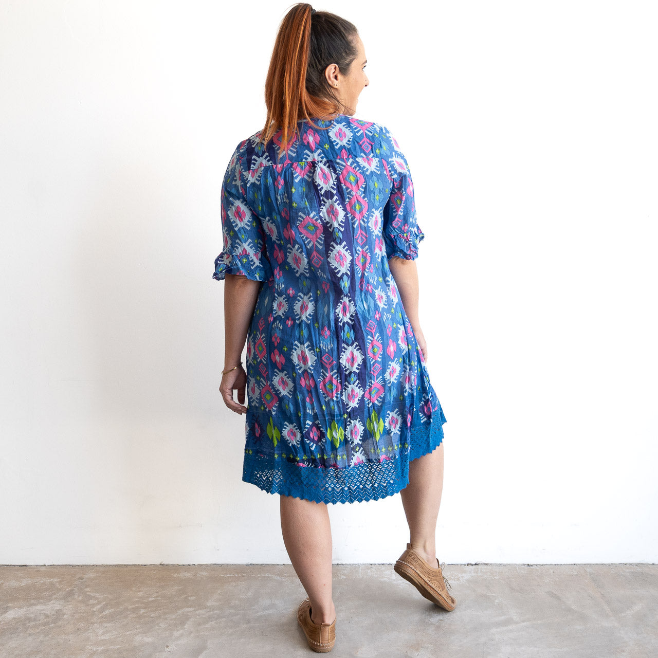 Cotton Lace Hem Tunic Dress - Persian Border Blue